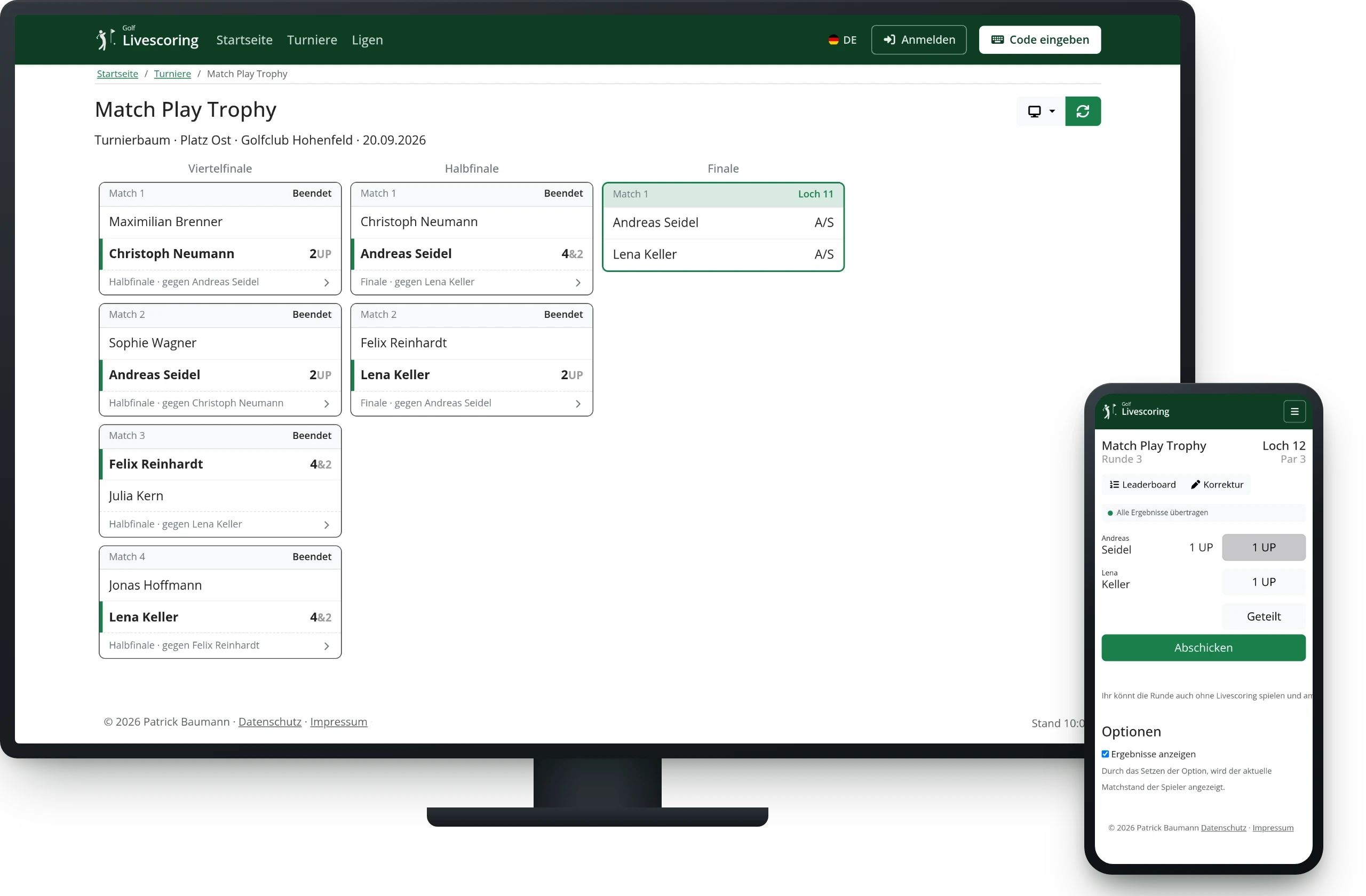 The bracket of the "Match Play Trophy" on a monitor, in front of it the match play score entry on a phone