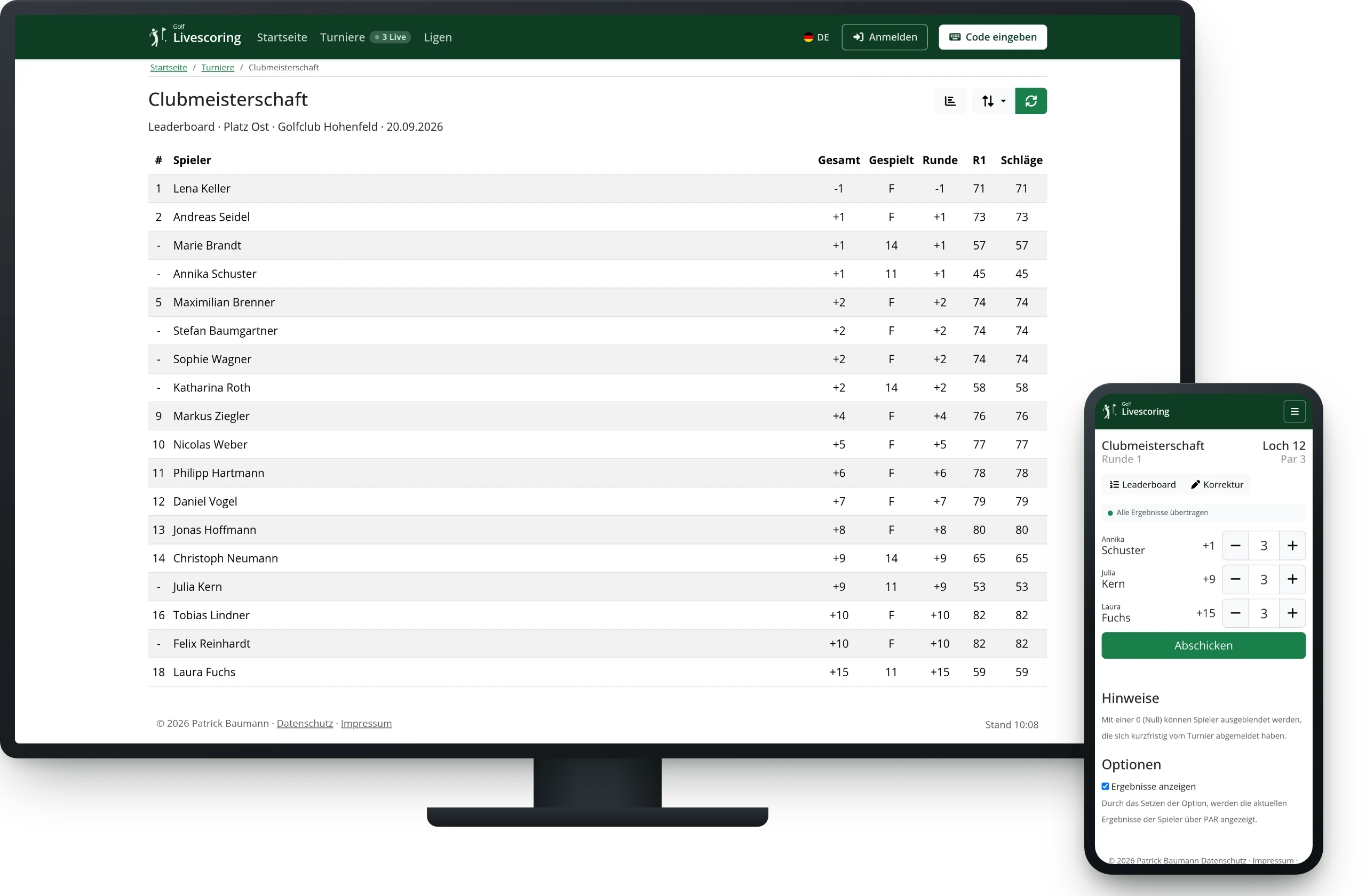 The leaderboard of the "Clubmeisterschaft" on a monitor, in front of it the stroke play score entry on a phone